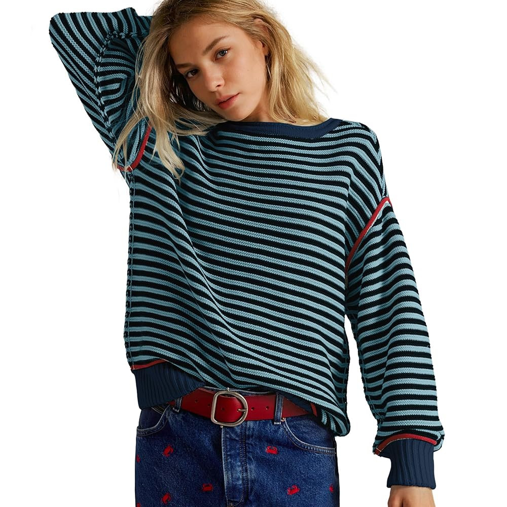 Hixiaohe Oversized Sweaters for Women Striped Cute Knit Sweater Long Sleeve Crew Neck Pullover To... | Amazon (US)
