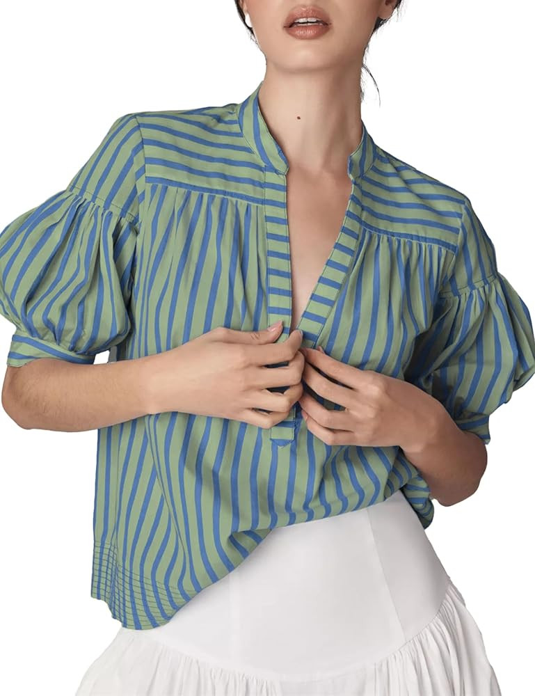 Womens Summer Pleated V Neck T Shirts Short Sleeve Casual Loose Blouses Striped Tunics Swing Top | Amazon (US)