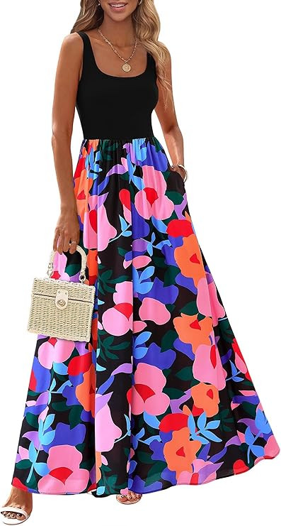 KIRUNDO Women Summer Sleeveless Boho Floral Maxi Dress 2026 Scoop Neck Tank A Line Flowy Beach Va... | Amazon (US)
