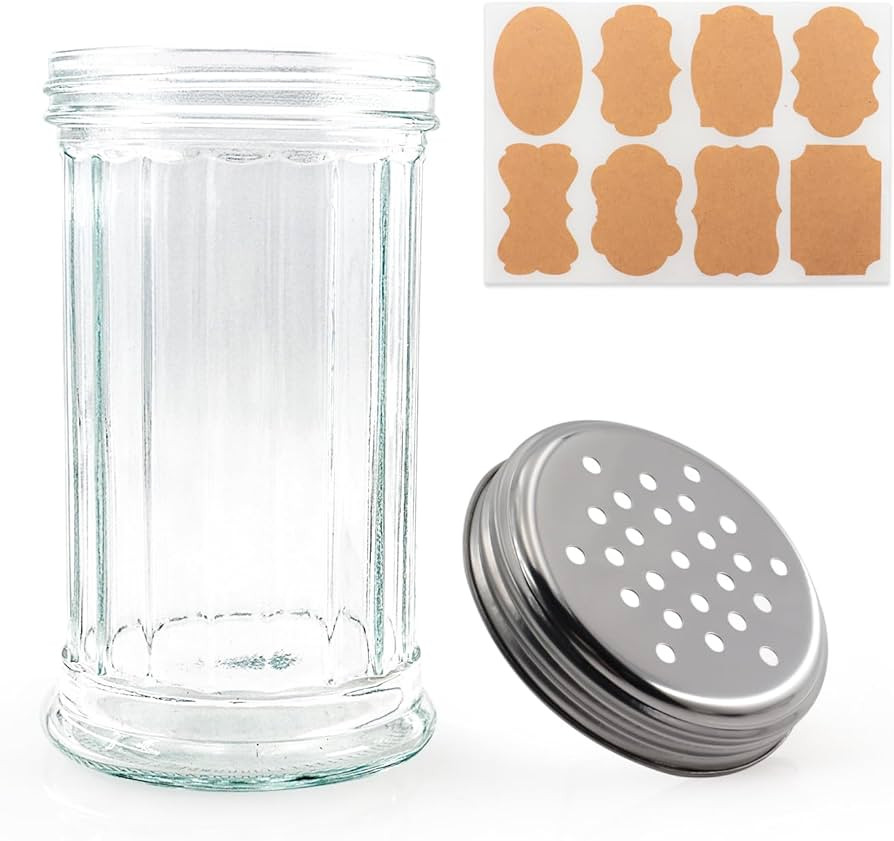 12 oz Retro Style Glass Sugar Shakers Dispenser, Glass Jar, Sugar Shaker, Stainless Steel Pour-Flap Lid, For Sugar/Cinnamon/Bee Pollen/pepper and other spices (Perforated Lid-1pc) | Amazon (US)