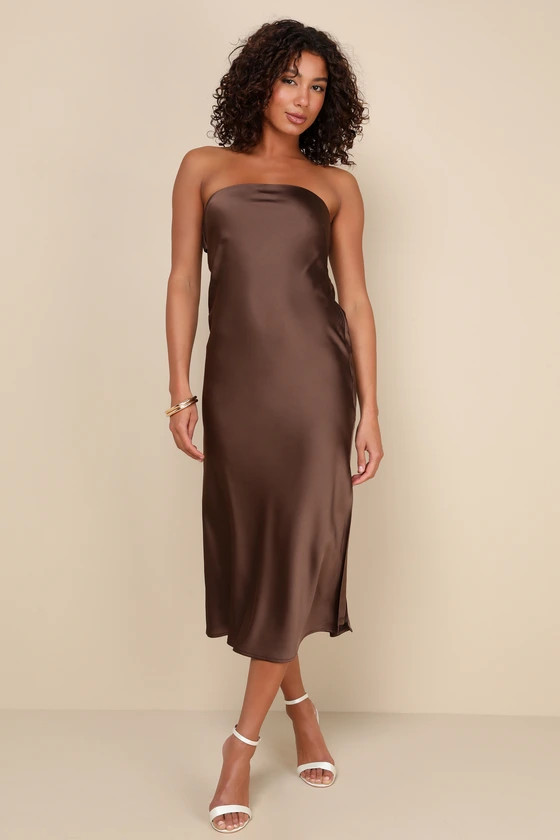 Effortless Bliss Dark Brown Satin Strapless Cowl Back Midi Dress | Lulus