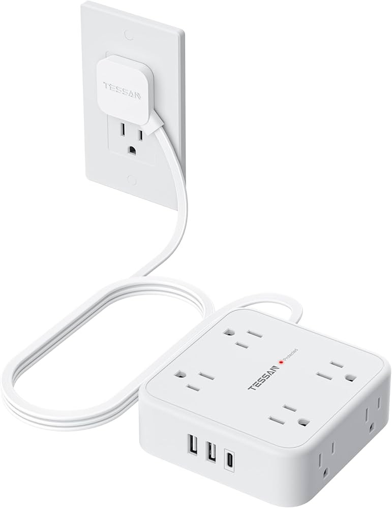 TESSAN Flat Plug Extension Cord, 5 Ft Surge Protector Power Strip with 3 USB (1 USB C) 8 Outlets,... | Amazon (US)