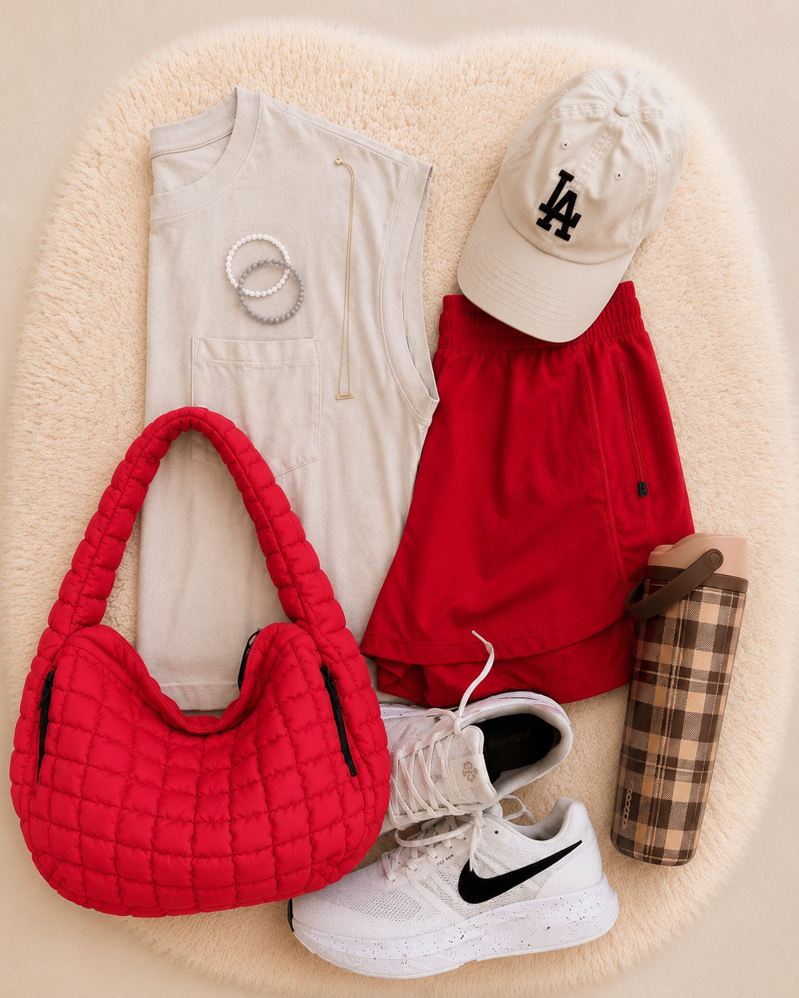 Red athleisure is having a moment and I love how easy these pieces are for an everyday casual outfit. The red athletic shorts are such a fun pop of color paired with a neutral top, sneakers and everyday accessories. Sharing two ways to style the same sporty look with some of my favorite Target and Amazon fashion finds — perfect for errands, coffee runs, school drop off, travel days or a casual weekend outfit. Fall outfits women. Save and follow for more inspiration.

#LTKActive #LTKootd #LTKmomlife