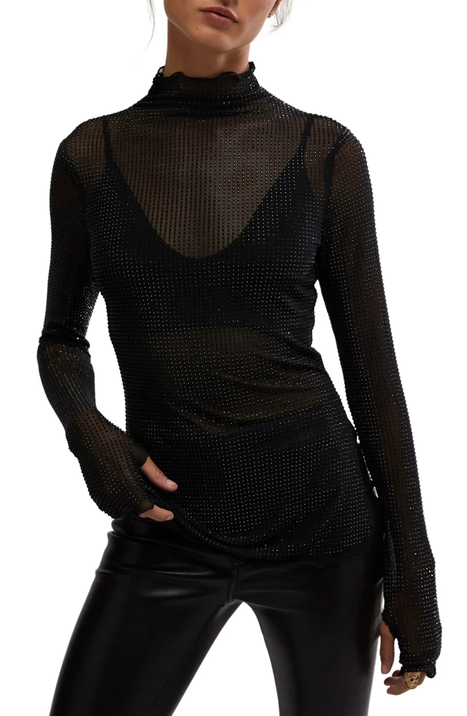 Dance All Night Crystal Embellished Sheer Long Sleeve Top | Nordstrom