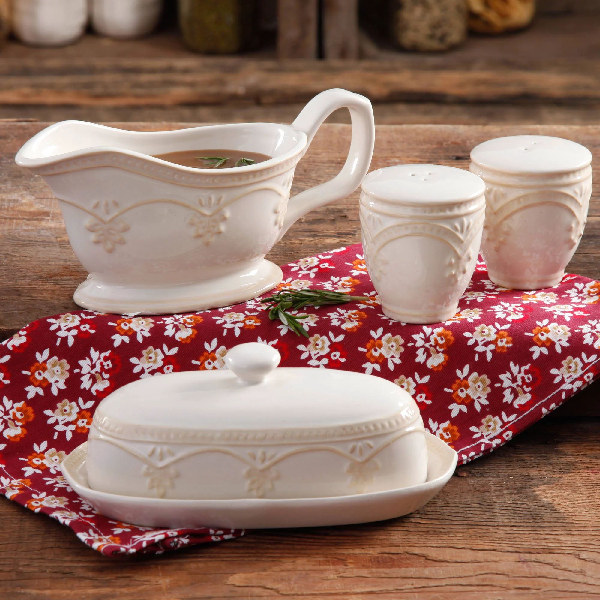 The Pioneer Woman Farmhouse Lace Butter Dish with Gravy Boat and Salt & Pepper Shakers - Walmart.... | Walmart (US)