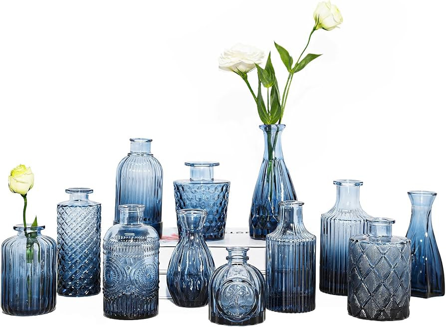 12Pcs Blue Glass Bud Vases Set, Small Vases for Flowers | Amazon (US)