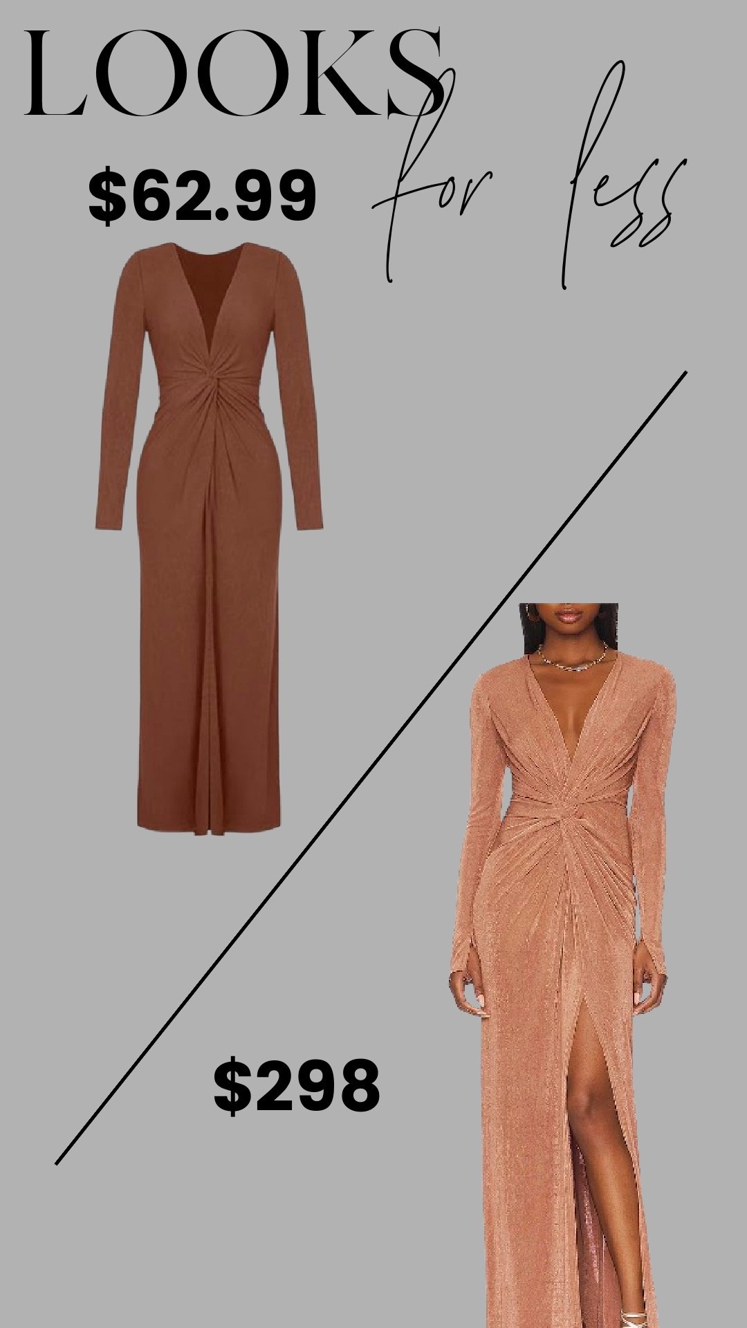 Designer evening dress look for less. Same plunging neckline, gathered waist detail, and elegant drape for $62 instead of $298. This silhouette is flattering, timeless, and perfect for weddings, date nights, or any dressed-up event. High-end feel without the high-end price.

#LTKWedding #LTKBeauty #LTKSaleAlert