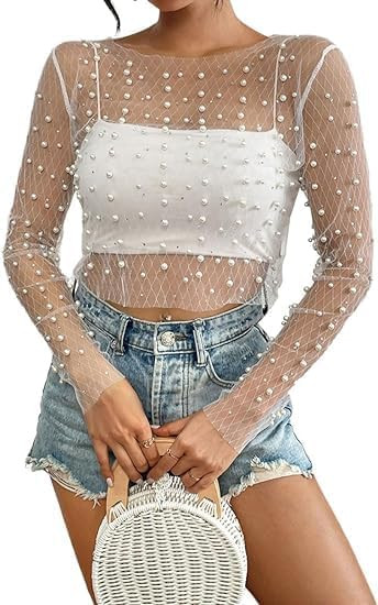 Bsubseach Sheer Swimsuit Coverup for Women Long Sleeve Pearl Cover up Dress Mesh See Through Crop... | Amazon (US)