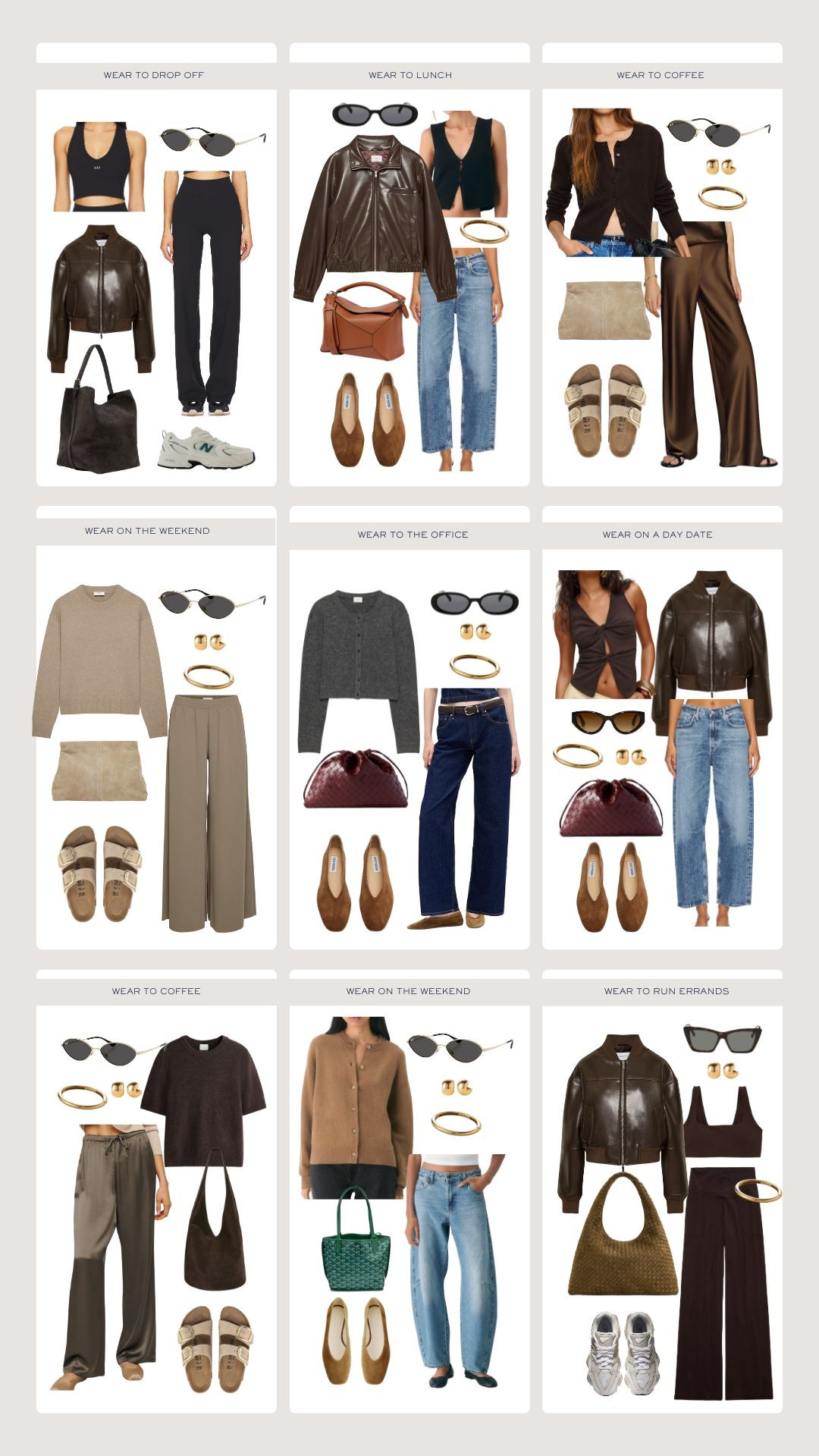 Transitional outfits to take you from summer to fall. 

#whattowear #coffeeoutfit #daydateoutfit #dropoffoutfit #errandsoutfit #workoutoutfit #pilatesoutfit #weekendoutfit #weartotheoffice #officeoutfit #falloutfit #transitionaloutfits #leatherjacket #balletflats #runners #bomberjacket #lightjacket  

 