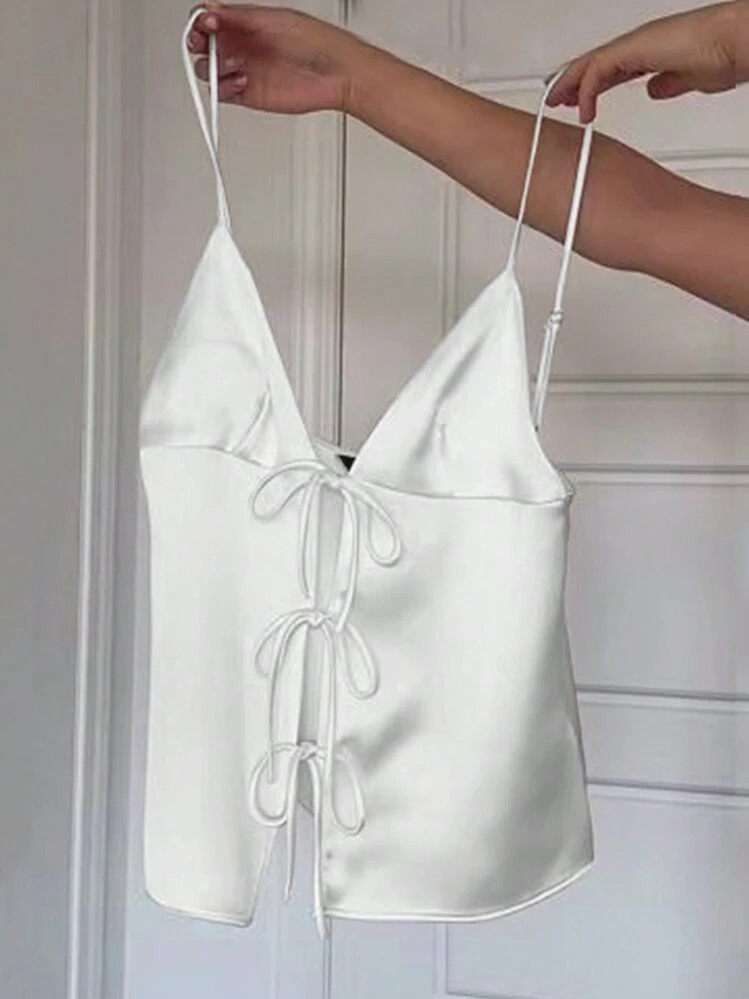 Flirla Summer Casual Solid Color Satin Belted Camisole Top | SHEIN