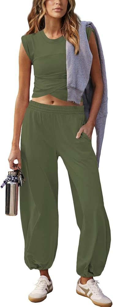 Outfeel Women 2 Piece Outfit Set Loungewear Cropped Tops and Jogger Sweatpant Matching Set Coordi... | Amazon (US)