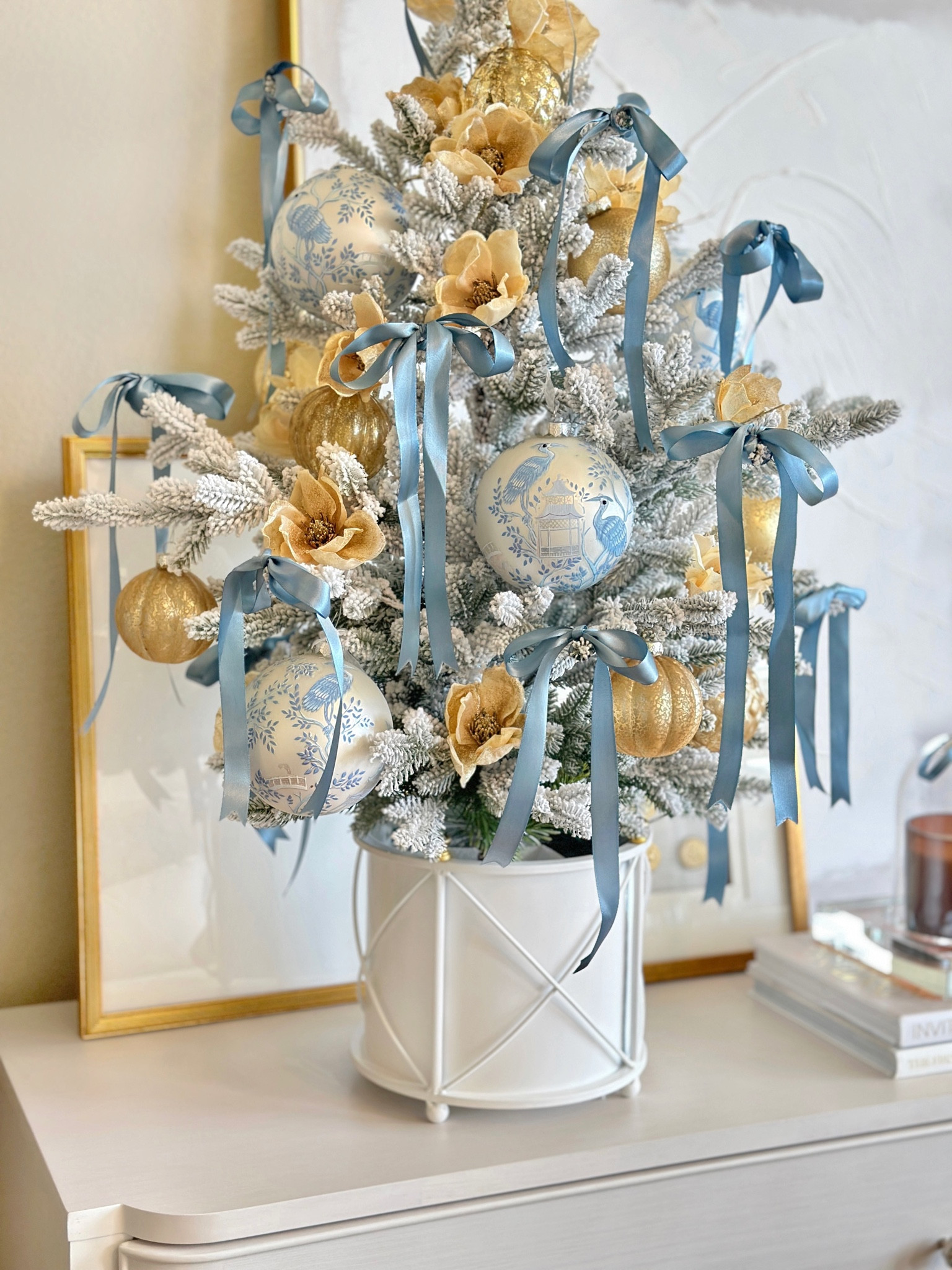 Target Christmas tree 🎄✨ tabletop tree flocked Christmas tree small tree mini trees blue and white decor dusty blue ribbon 