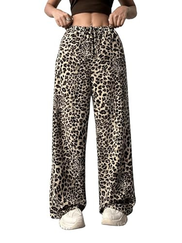 Womens Leopard Print Pants Drawstring Elastic Waist Straight Leg Lounge Pants Y2K Cheetah Pajama Trousers with Pockets Apricot XL | Amazon (US)
