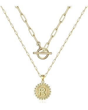 M MOOHAM Gold Initial Necklace for Women - 14K Real Gold Plated Paperclip Chain OT Coin Letter Ne... | Amazon (US)