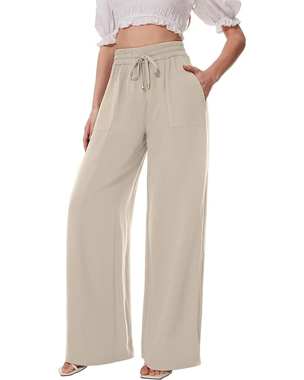 FUNYYZO 2025 Women Palazzo Pants High Waist Casual Wide Leg Long Lounge Pull On Trousers with Poc... | Amazon (US)