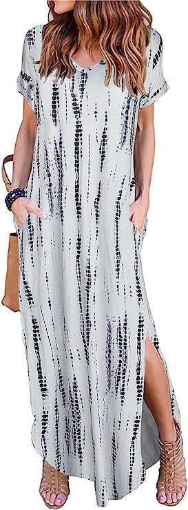 Women's Short Sleeve V Neck Pocket Casual Side Split Beach Long Maxi Dress | Amazon (US)