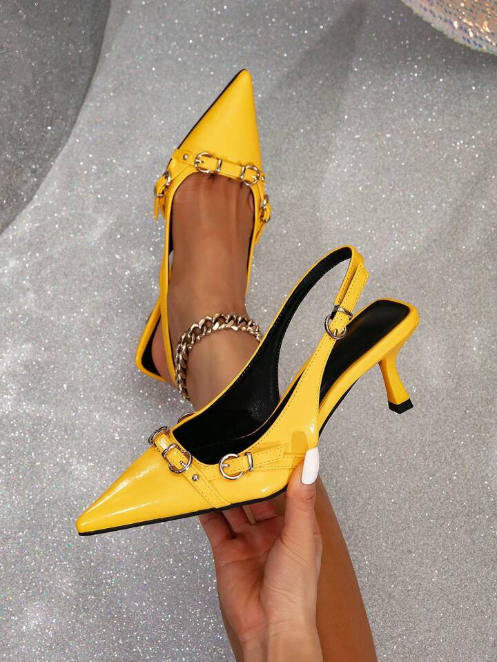 Europe And America Style Pointed Toe Thin Heel Shoes For Women With Mushroom Nail Decorated Skinn... | SHEIN