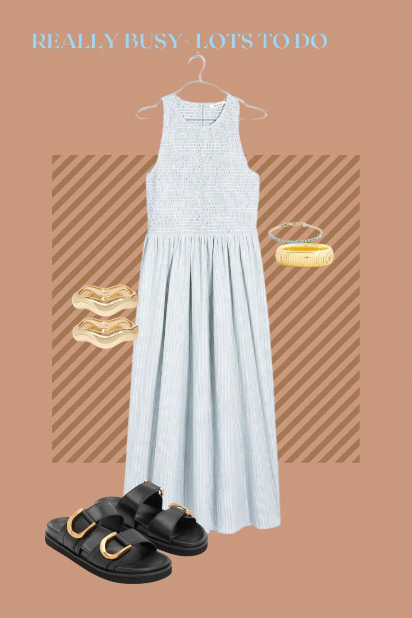 The look for a woman on the go. It's a chic outfit dressed down as to not intimidate people TOO much. Layered jewelry and chunky sandals say - I'm all in, baby  

#LTKOver40 #LTKFindsUnder50 #LTKWorkwear