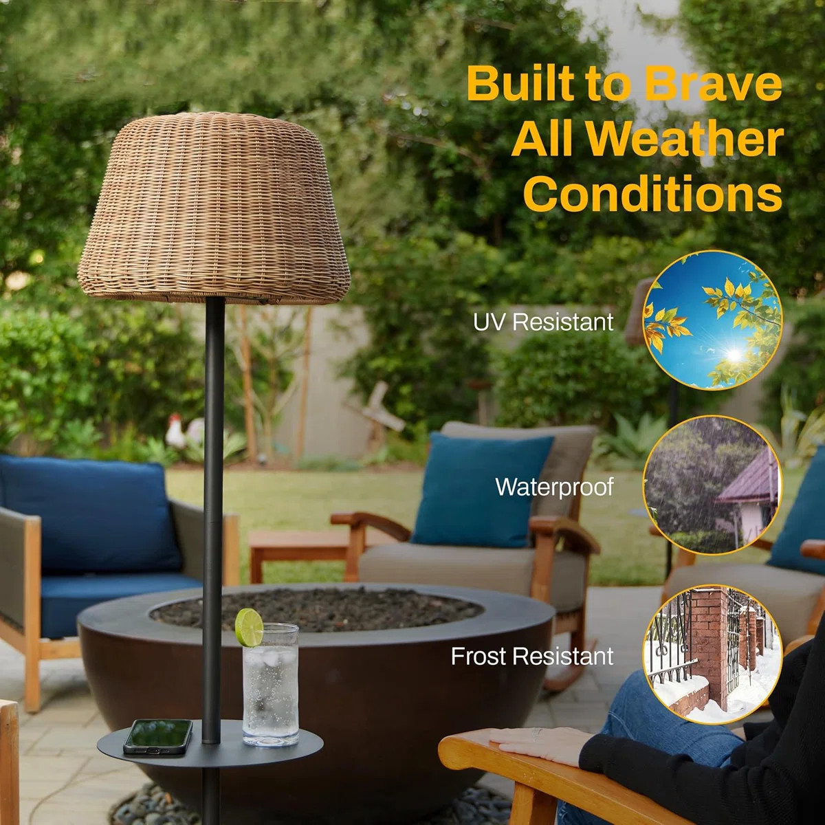 Solar Outdoor Floor Lamp With Table - Cordless Outdoor Floor Lamp - Patio, Porch, Garden - Rattan... | Wayfair North America