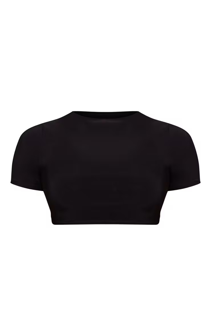 Black Basic Slinky Short Sleeve Crop Top | PrettyLittleThing UK