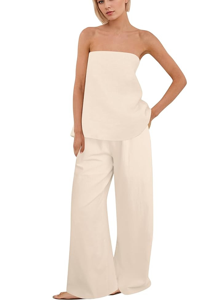 Women Polka Dot 2 Piece Outfits Spot Strapless Tube Top High Waist Wide Leg Pants Lounge Set Summ... | Amazon (US)