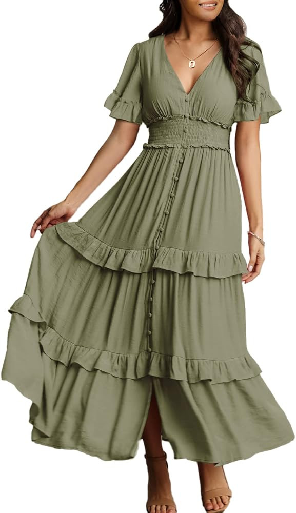 Amegoya Women's V Neck Long Sleeve Boho Maxi Dress Summer Wedding Guest Long Flowy Engagement Dre... | Amazon (US)