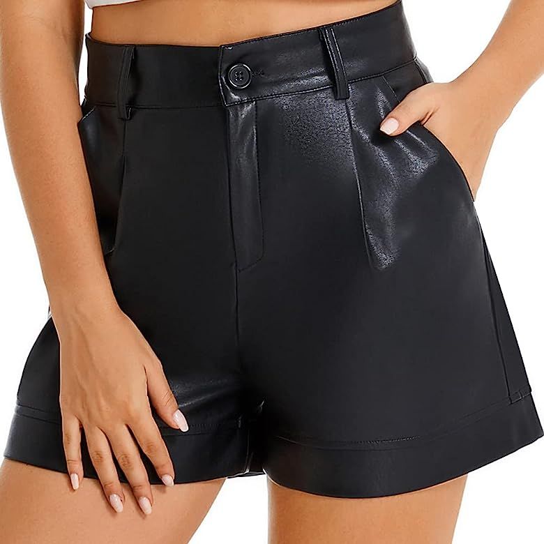 Everbellus High Waisted Faux Leather Shorts Womens Pockets Wide Leg Shorts | Amazon (US)