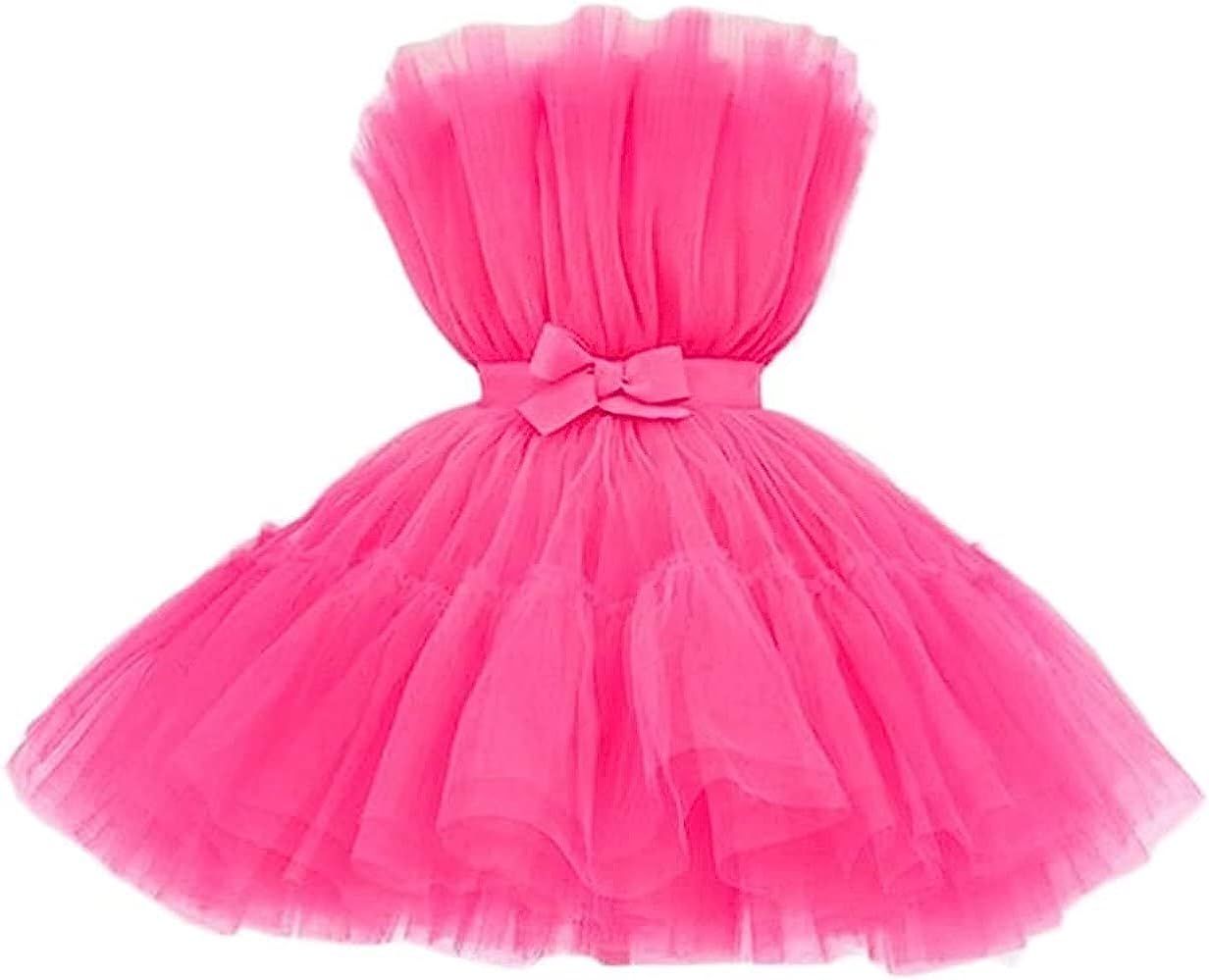 FTBY Women Tiered High Low Prom Dress Bow Sash Tulle Homecoming Pageant Dresses Hot Pink Long | Amazon (US)