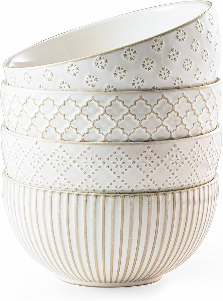 Ceramic Soup Bowls 30 OZ, Cereal Bowls Set of 4 for Kitchen, Stoneware Bowls with Embossment, Far... | Amazon (US)