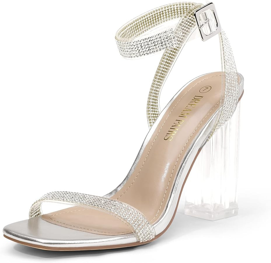 DREAM PAIRS Women's Chunky Clear High Heels Sandals, Rhinestone Ankle Strap Open Square Toe Block... | Amazon (US)