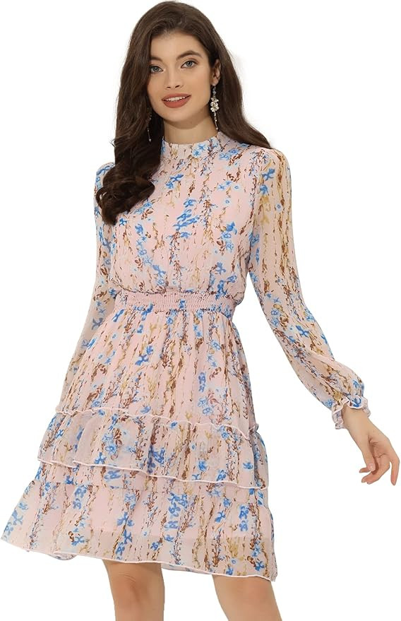 Allegra K Women's Smocked Waist Sheer Sleeve Ruffle Layers Floral Chiffon Dress | Amazon (US)