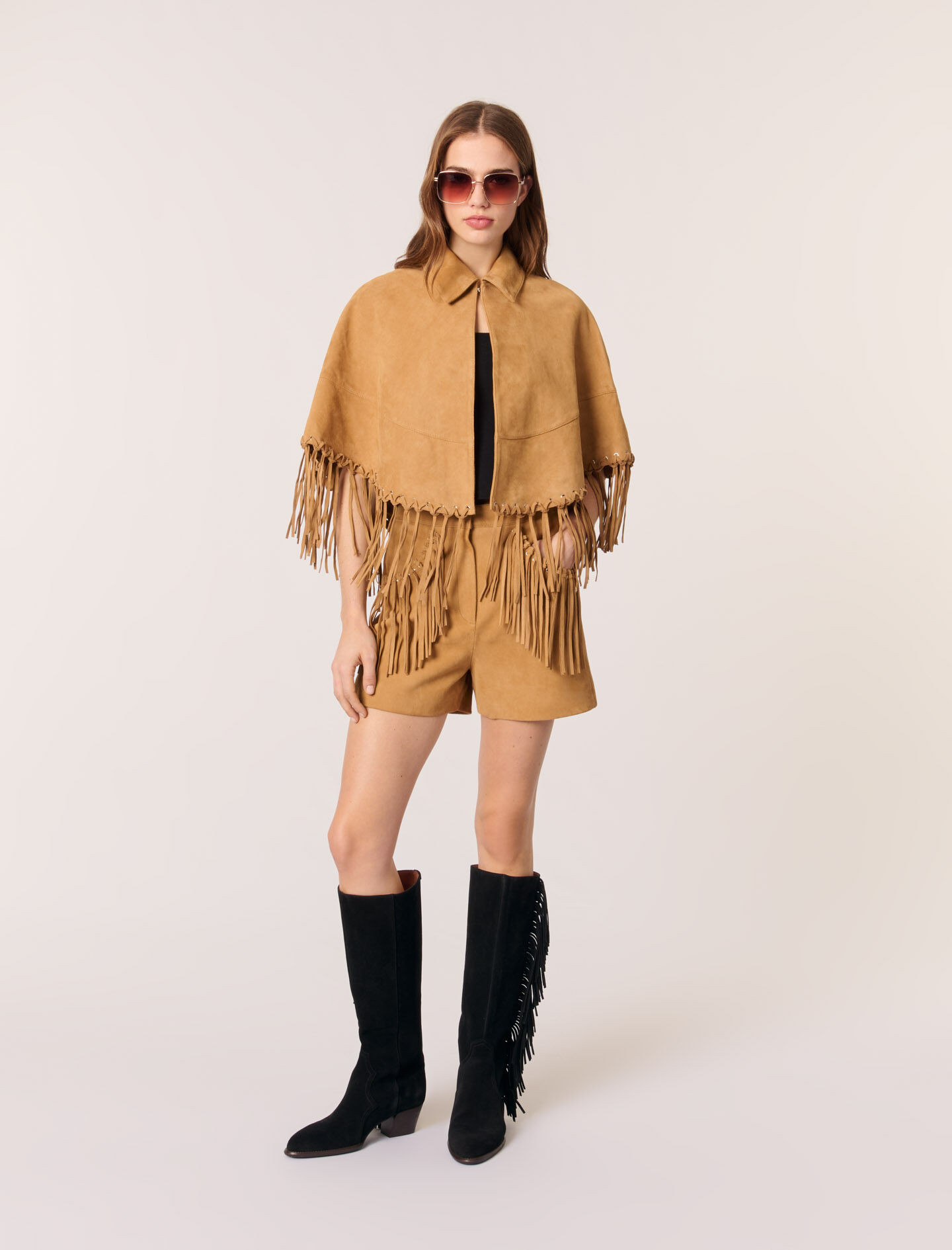 Short leather fringed coat | Maje US