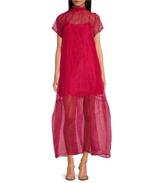Dime Sheer Organza Mock Neck Short Sleeve Maxi Dress | Dillard's