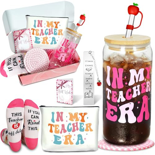 ANOTION Teacher Gifts - End of Year Teacher Gifts, IN MY TEACHER ERA Iced Coffee Cup, Socks, Makeup Bag, Bookmark, Gift Set for Women, Appreciation, Retirement, Birthday, Graduation & Bulk Gift | Amazon (US)