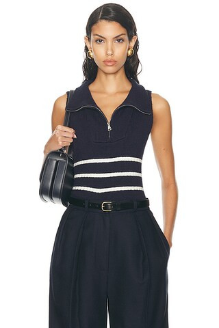 MATTHEW BRUCH Quarter Zip Striped Knit Vest in Navy Knit | FWRD | FWRD 