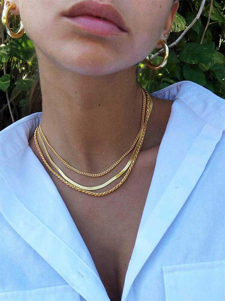 3pcs Elegant Luxury Ladylike Style Gold Stainless Steel Necklace Set, Adjustable Length, Suitable... | SHEIN