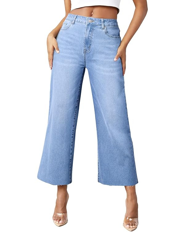 Sidefeel Women's Wide Leg Jeans High Waisted Straight Leg Jeans Stretchy Buttoned Loose Pockets D... | Amazon (US)