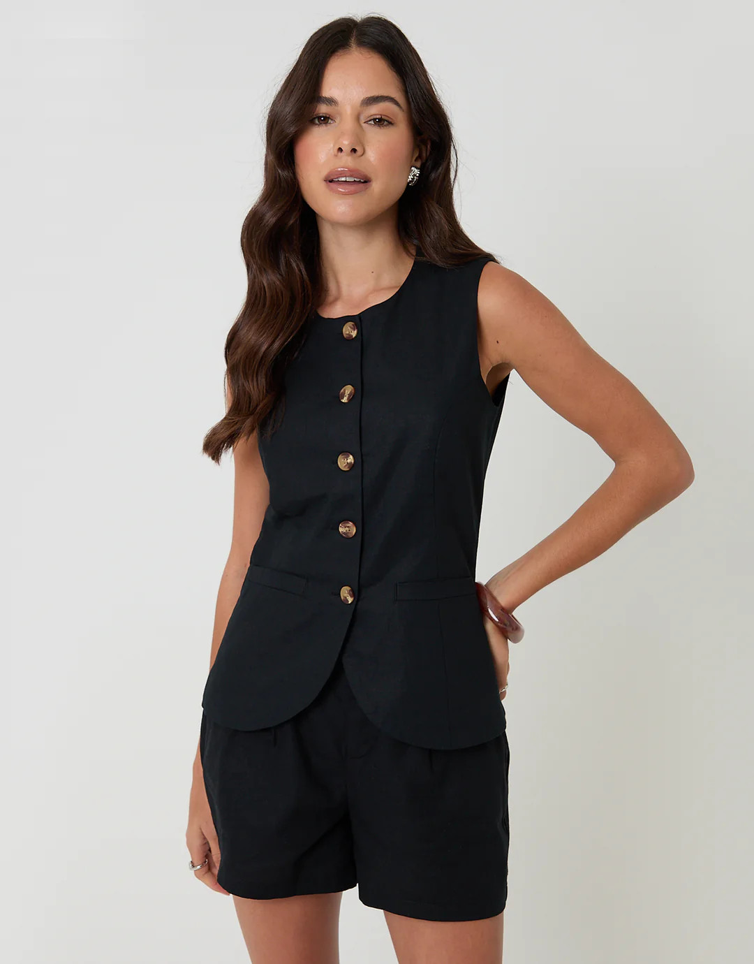 Linen Blend Longline Waistcoat in Black | Threadbare UK