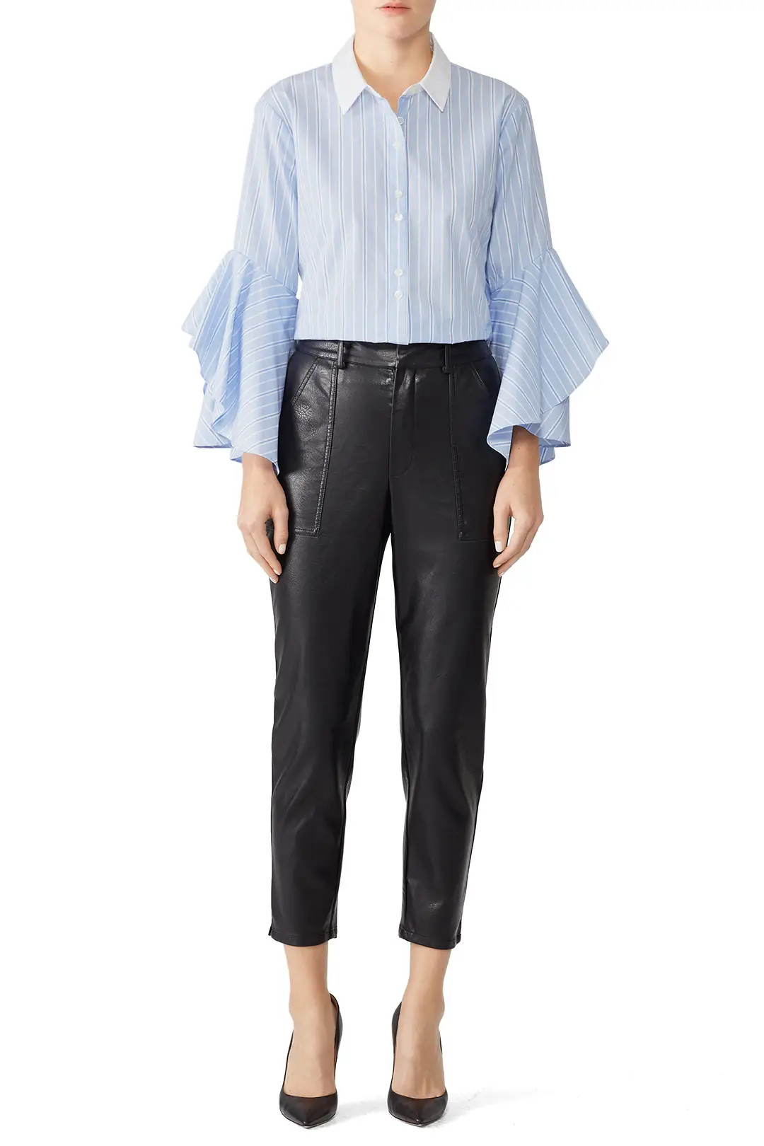 Jonathan Simkhai Stripe Ruffle Sleeve Shirt | Rent The Runway
