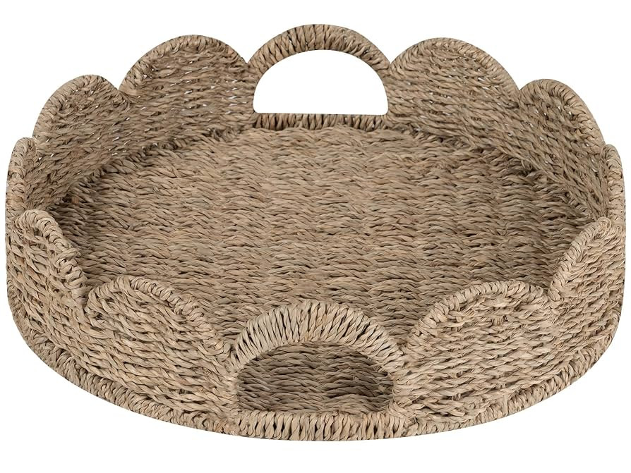StorageWorks Round Wicker Scalloped Tray, Rattan Serving Trays with Handles, Seagrass Basket for ... | Amazon (US)