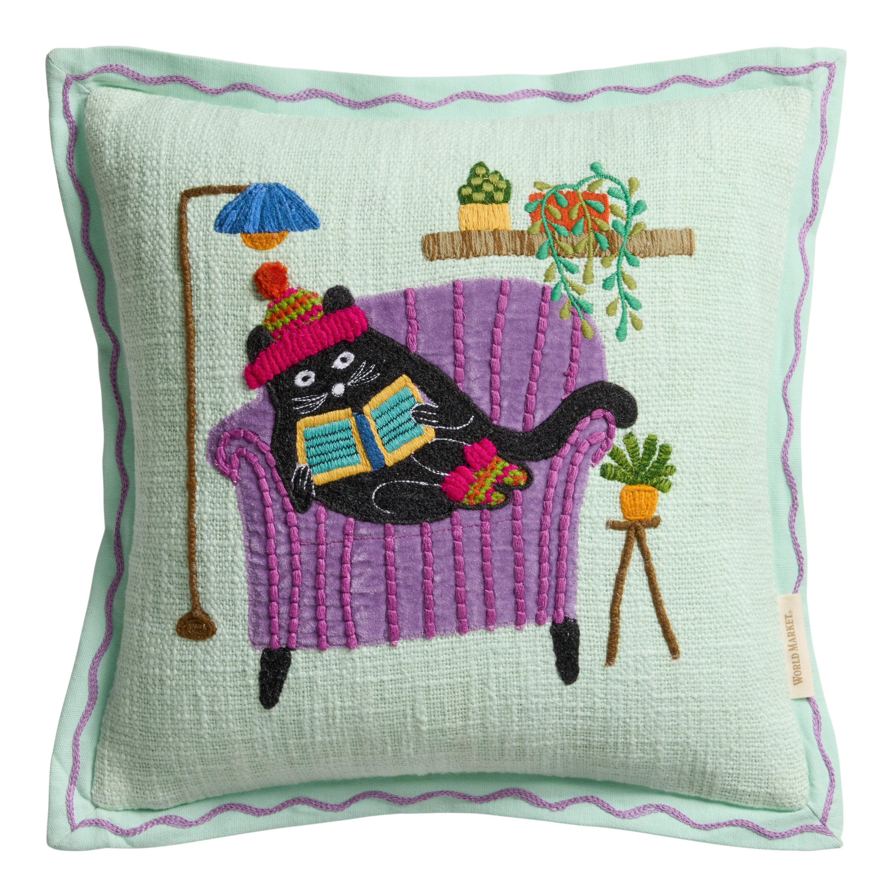 Mint Green and Purple Embroidered Reading Cat Throw Pillow | World Market