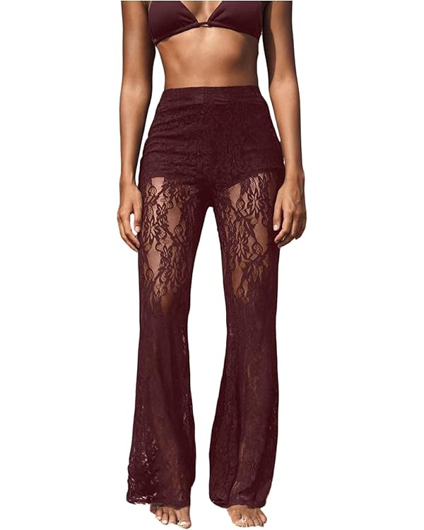 Women's Floral Lace Sheer Mesh Flare Pants Elastic High Waisted Long Trousers | Amazon (US)