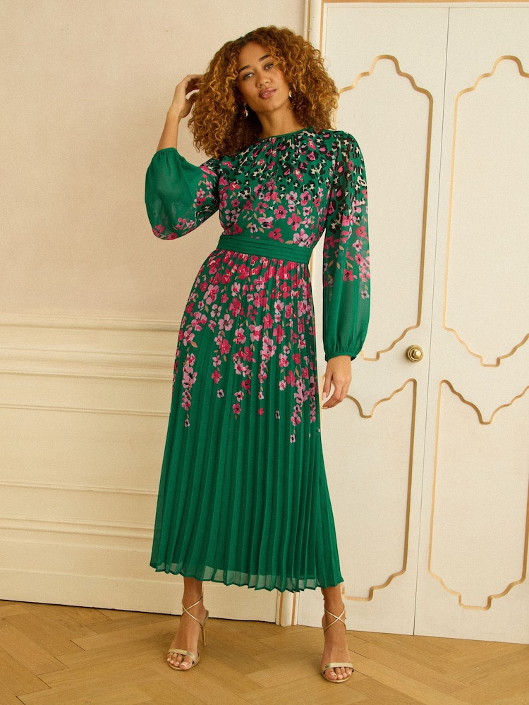 Love & Roses Green Pink Animal Floral Chiffon Pleated Maxi Dress | Next US
