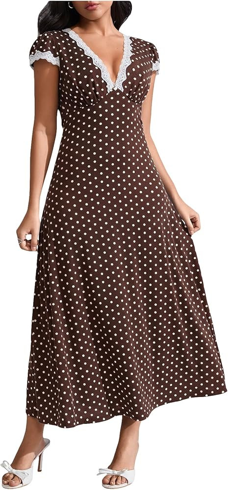 Milumia Women's Polka Dots Lace Trim V Neck Dress Short Sleeve Long Dresses     Cinched Waist, El... | Amazon (US)