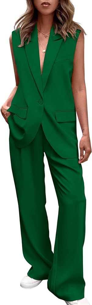 PRETTYGARDEN Women's 2 Piece Outfits Sleeveless Suit Vest and Wide Leg Pants Business Casual Blaz... | Amazon (US)