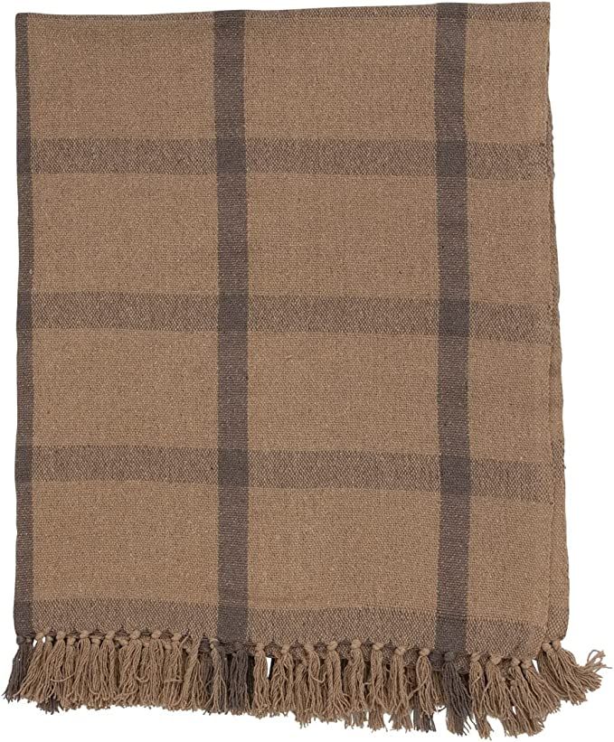 Bloomingville Recycled Cotton Blend Woven Plaid and Tassels Blanket Throw, Semi Double, Tan | Amazon (US)