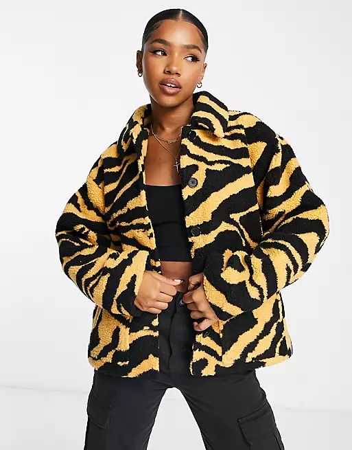 Pieces oversized teddy jacket in tiger print | ASOS (Global)