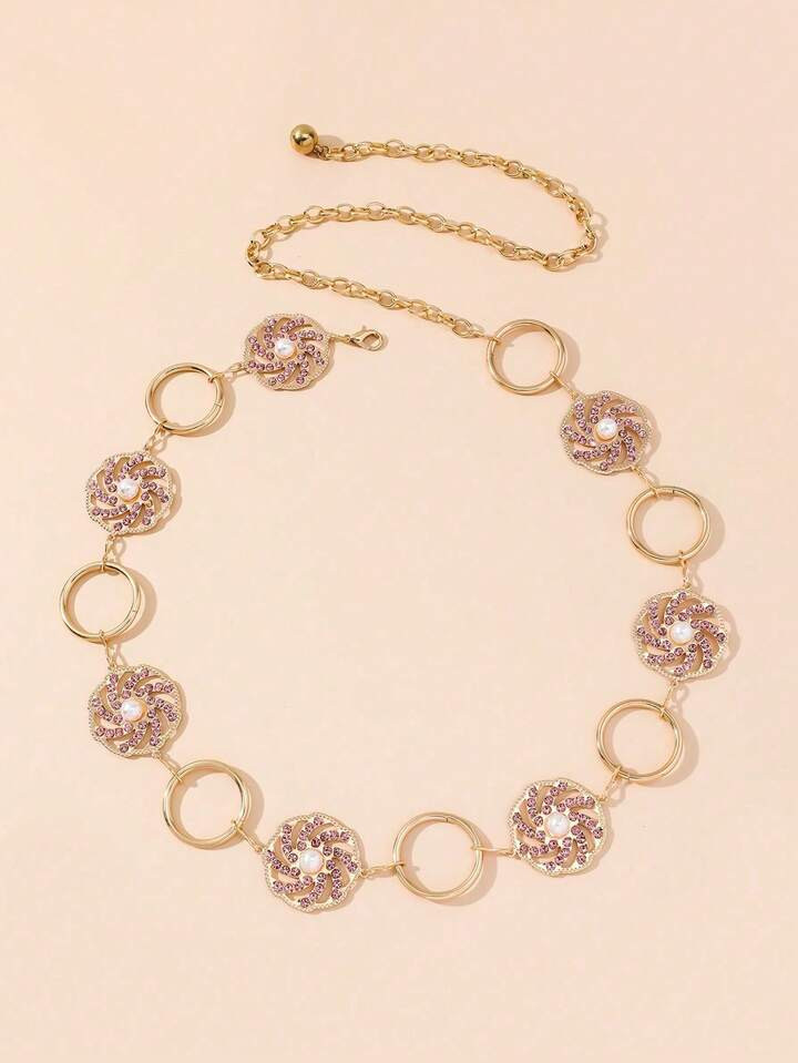 1pc Women's Round Pink Crystal Decor Ring Shape Body Chain Waist Chain With Metal Link | SHEIN