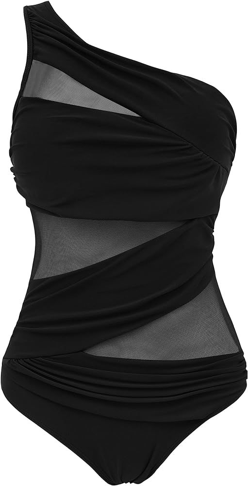 Women's One Piece Swimsuits One Shoulder Plus Size Swimwear Bathing Suit with See Through Mesh St... | Amazon (US)