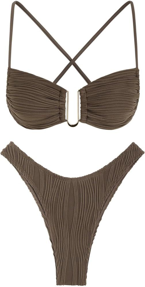 ZAFUL Women's Textured Underwire Bikini Set V Notch High Cut Swimwear Tie Side Ribbed Sexy Swimsu... | Amazon (US)